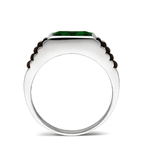 Real Fine 14k White Gold Classic Ring For Men With Rectangle Green Emerald Stone