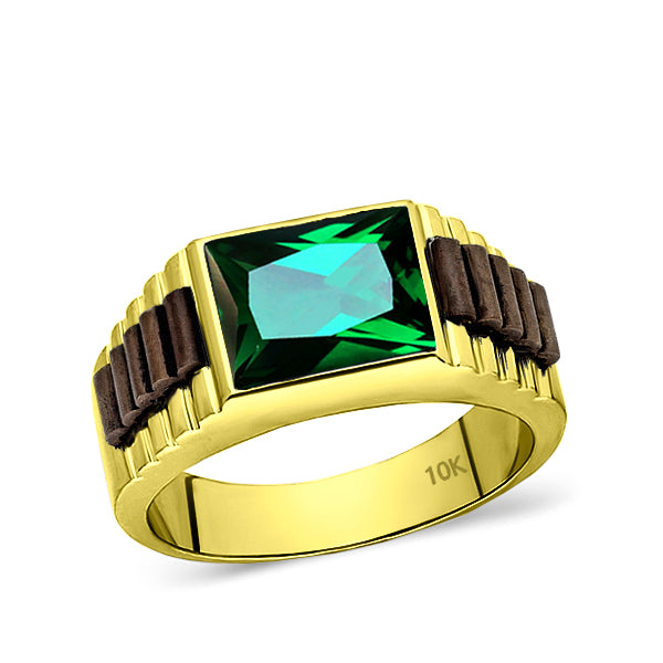 Solid 10k Yellow Gold Mens Ring Green Emerald Gemstone Modern Band Ring for Man