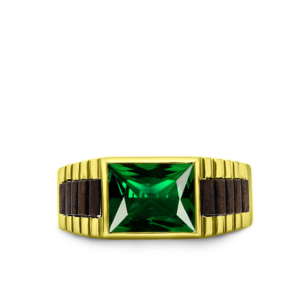 18K Hallmarked Solid Yellow Gold Mens Band Ring with Green Emerald Gemstone