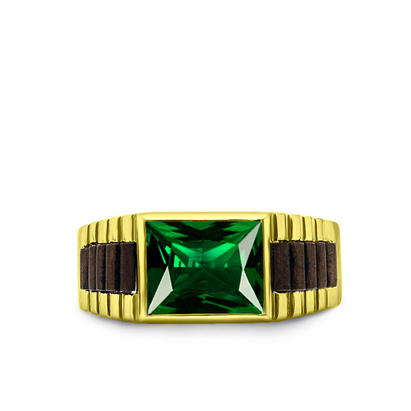 18K Yellow Gold Plated on Mens Modern 925 Silver Emerald Band Ring