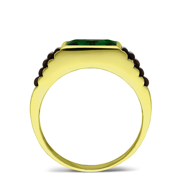 Solid 10k Yellow Gold Mens Ring Green Emerald Gemstone Modern Band Ring for Man