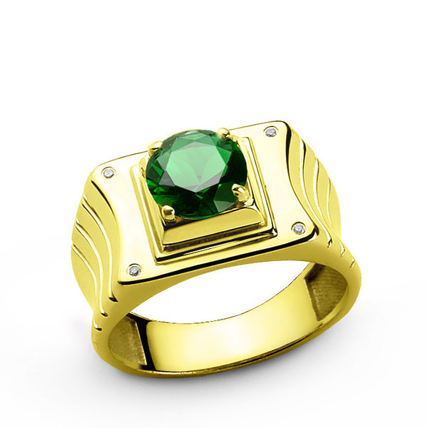 Men's Ring with Emerald and Diamonds in 14k Yellow Gold