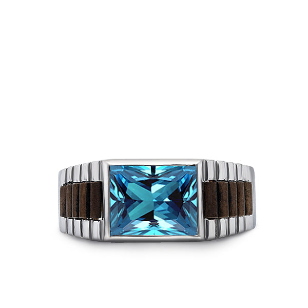 Blue Topaz Ring For Men Statement Solid Fine 14k White Gold Mens Heavy Wide Ring
