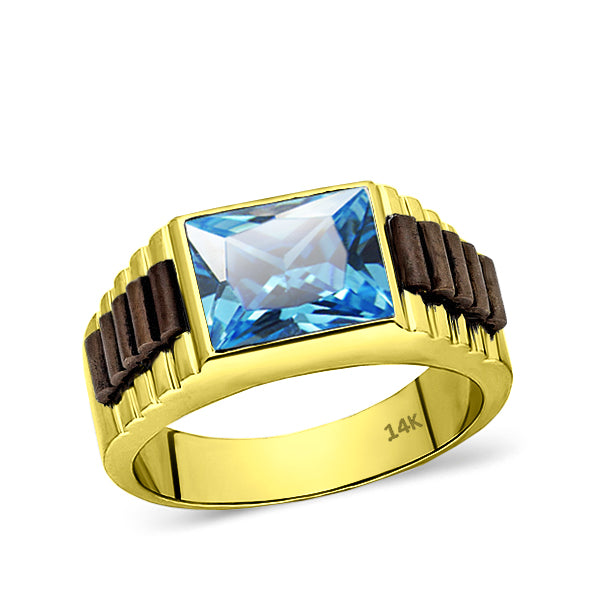 14k Yellow Gold Mens Ring Blue Rectangle Topaz Gemstone Band Ring for Men