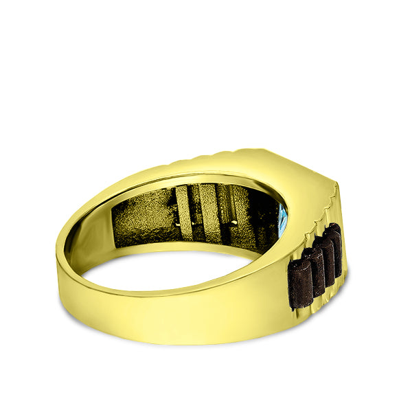 18k Yellow Gold Modern Mens Ring Blue Topaz Gemstone Band Ring for Men