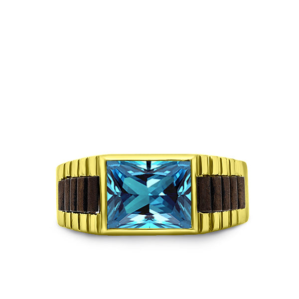 14k Yellow Gold Mens Ring Blue Rectangle Topaz Gemstone Band Ring for Men