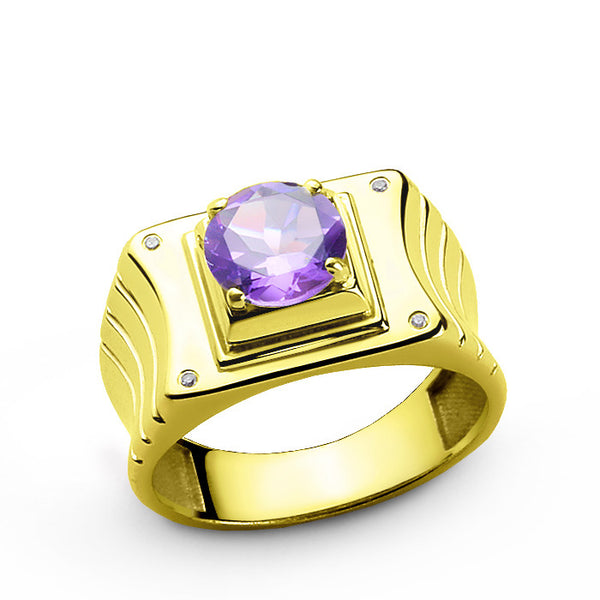Men's Diamond Ring with Purple Amethyst Gemstone in 10k Yellow Gold