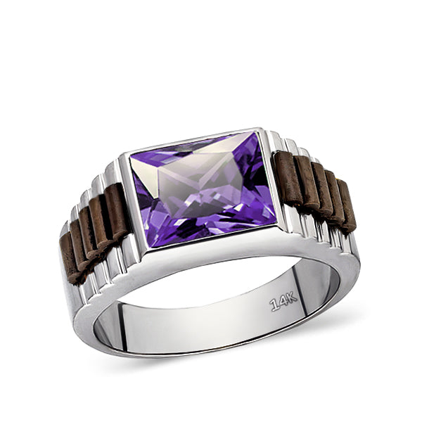 14k White Gold Heavy Ring For Men With Rectangle Purple Amethyst Stone