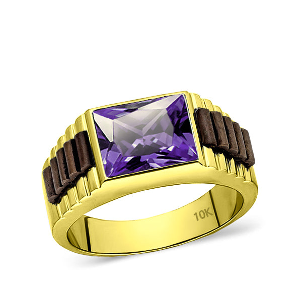 Solid 10k Yellow Gold Mens Ring Purple Amethyst Stone Modern Band Ring for Man
