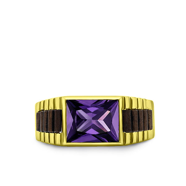 Solid 10k Yellow Gold Mens Ring Purple Amethyst Stone Modern Band Ring for Man