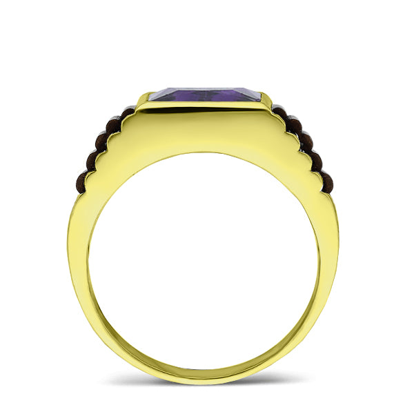 Solid 10k Yellow Gold Mens Ring Purple Amethyst Stone Modern Band Ring for Man