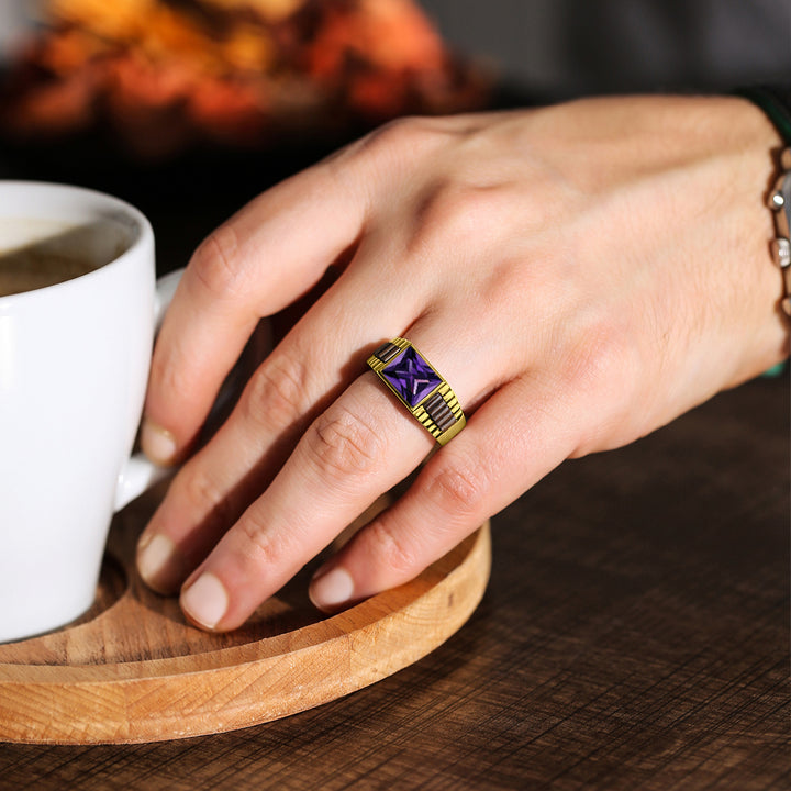 NEW 18K Yellow Gold Plated on Mens Heavy 925 Purple Amethyst Band Ring All sizes