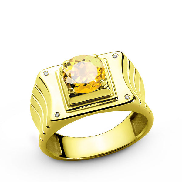 Diamonds Men's Ring in 10k Gold with Yellow Citrine, Gemstone Ring for Men