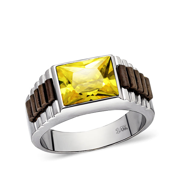 Real Fine 14k White Gold Heavy Ring For Men With Rectangle Yellow Citrine Stone