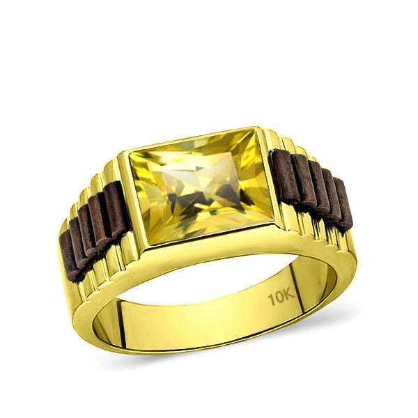 Solid 10k Yellow Gold Mens Ring Yellow Citrine Gemstone Modern Band Ring for Man