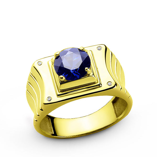 Men's Ring with Sapphire and Diamonds in 14 Yellow Gold