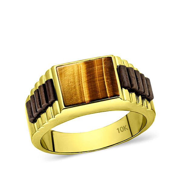 Real Solid 10k Yellow Gold Mens Ring Genuine Tiger's Eye Stone Band Ring for Man