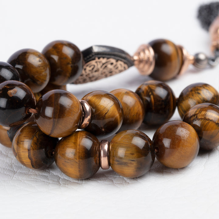 Muslim Rosary 14mm Round Tiger's Eye Beads Tasbih with 925 Silver Islamic Gift