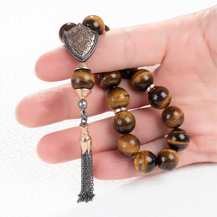 Muslim Rosary 14mm Round Tiger's Eye Beads Tasbih with 925 Silver Islamic Gift