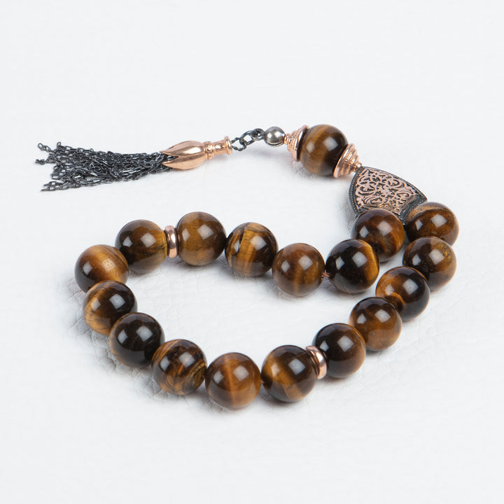 Muslim Rosary 14mm Round Tiger's Eye Beads Tasbih with 925 Silver Islamic Gift