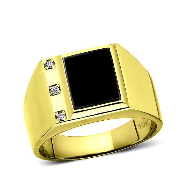 Solid Real 10K Yellow Fine Gold Black Onyx Ring for Men with 3 Natural Diamonds