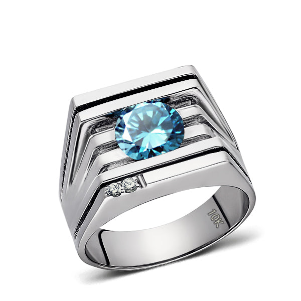 Solid 10K White GOLD Mens Ring REAL with Blue Topaz and GENUINE DIAMONDS