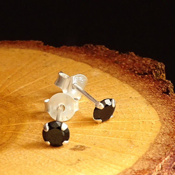 Real Solid 925 Sterling Silver Men Stud Earrings with Black Round Onyx Stone