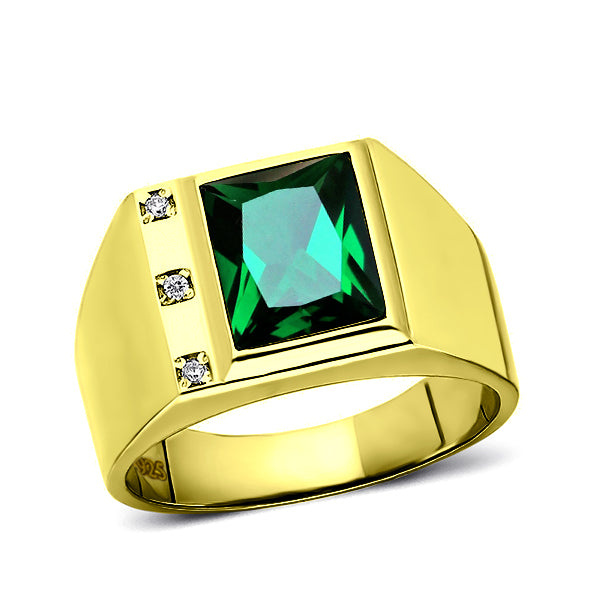 3 Diamond Accents 18K Gold Plated on 925 Solid Silver Mens Green Emerald Ring