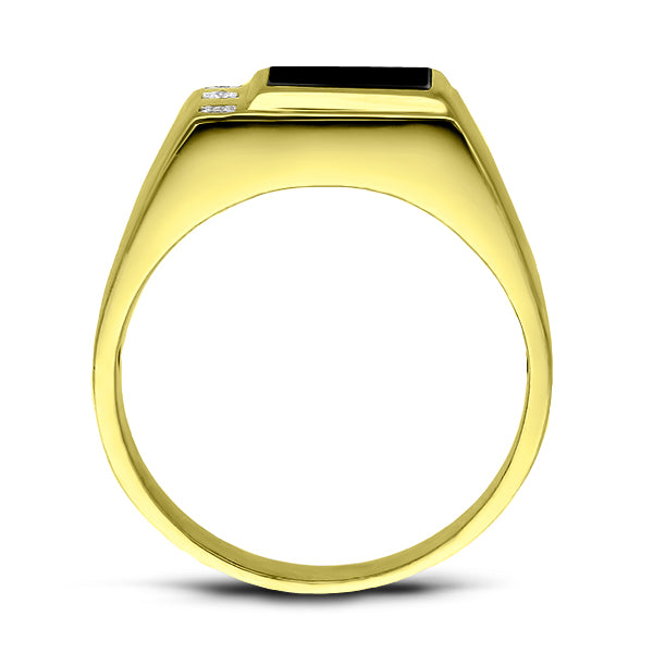 Solid Real 10K Yellow Fine Gold Black Onyx Ring for Men with 3 Natural Diamonds