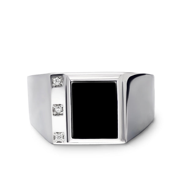 Mens Solid 14K White Gold Black Onyx Ring 0.06ct Natural Diamonds Ring for Men