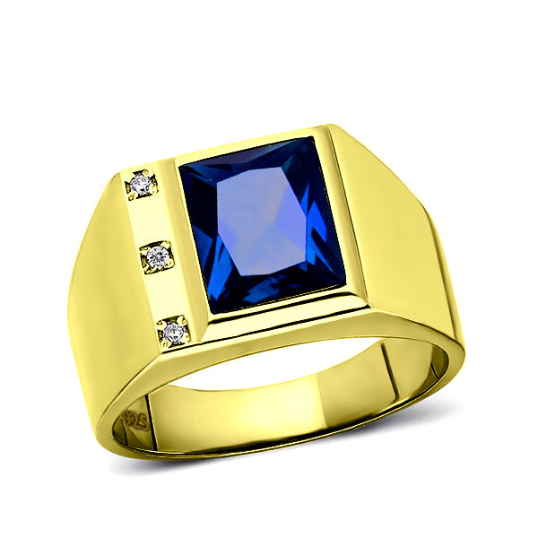 3 Diamond Accents 18K Gold Plated on 925 Solid Silver Mens Blue Sapphire Ring
