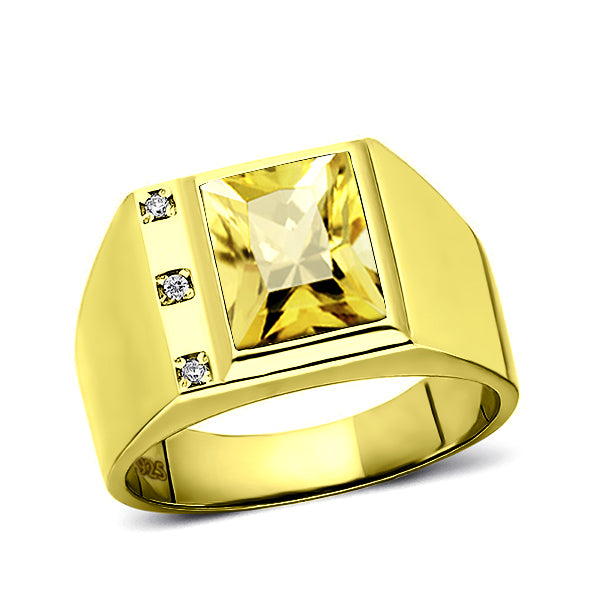 18K Gold Plated on 925 Solid Silver 3 Diamonds Mens Yellow Citrine Ring All Sz