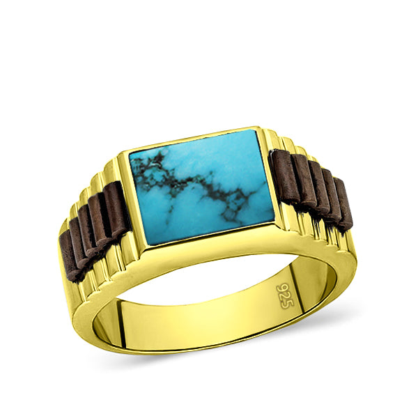 18K Yellow Gold Plated Mens Heavy Silver Ring Band Large Turquoise Stone Jewelry