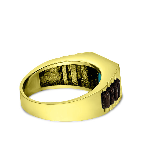 Solid 10k Yellow Gold Mens Ring Genuine Blue Turquoise Stone Band Ring for Man