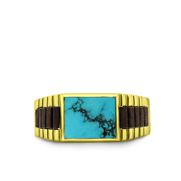 18K Yellow Gold Plated Mens Heavy Silver Ring Band Large Turquoise Stone Jewelry