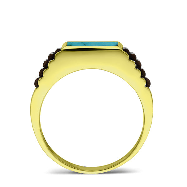 Solid 10k Yellow Gold Mens Ring Genuine Blue Turquoise Stone Band Ring for Man