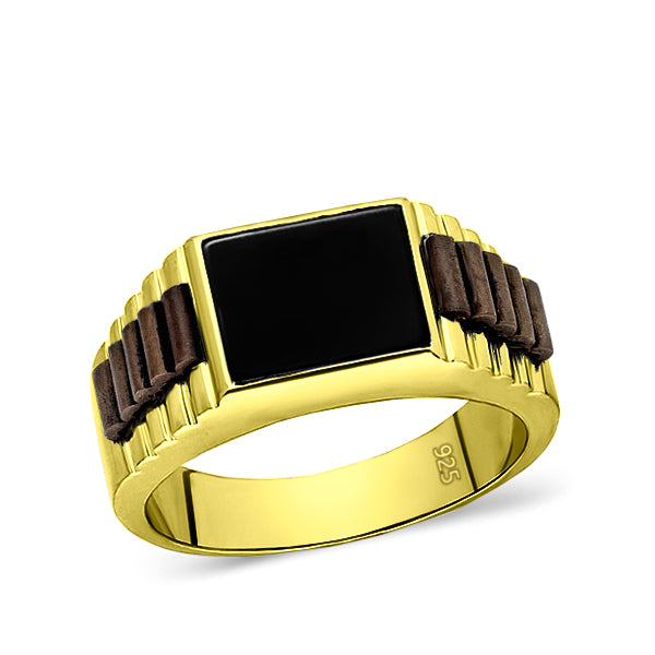 18K Yellow Gold Plated Mens Heavy Silver Ring Band Onyx Stone Modern Man Jewelry