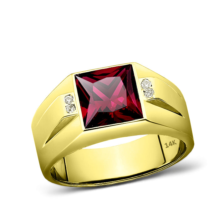 14K Real Yellow Fine Gold Red Ruby Ring For Men with 4 Natural Diamond Accents