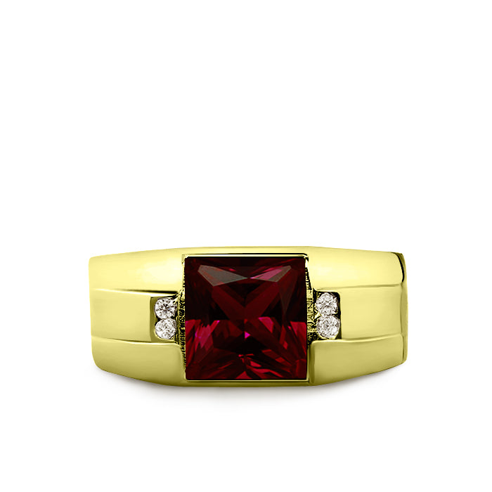 18K Real Yellow Fine Gold Red Ruby Mens Ring with 4 Natural Diamonds Accents