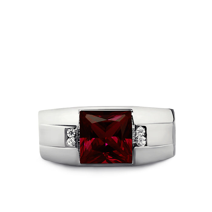 Gemstone Wide Band Ring for Men with 4 Genuine Diamonds ruby