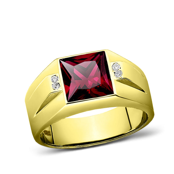 925 Solid Silver Mens Red Ruby Ring 18K Gold Plated 4 Diamond Accent All Sizes