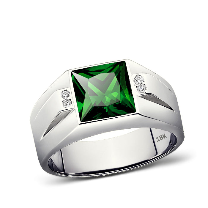 18K White Gold Emerald Men's Ring 0.08ct Natural Diamonds Ring for Man