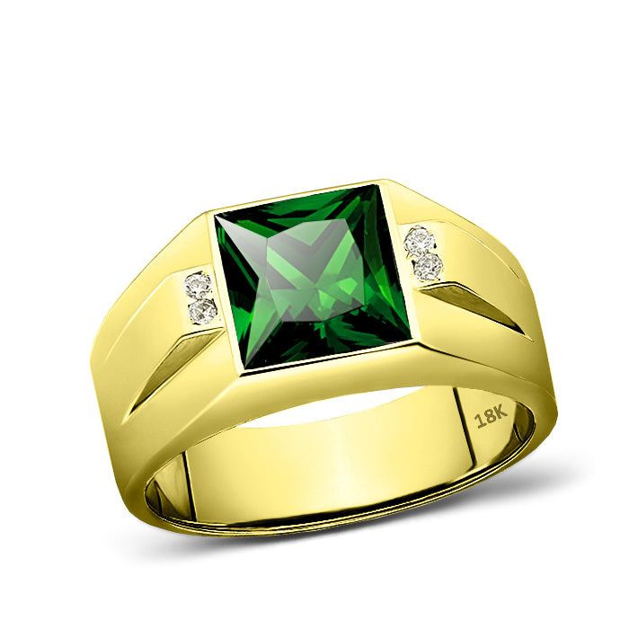 Mens Ring 18K Real Yellow Fine Gold Green Emerald with 4 Natural Diamond Accent