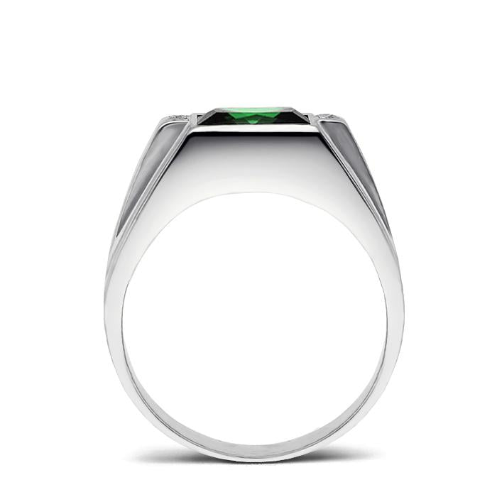 18K White Gold Emerald Men's Ring 0.08ct Natural Diamonds Ring for Man