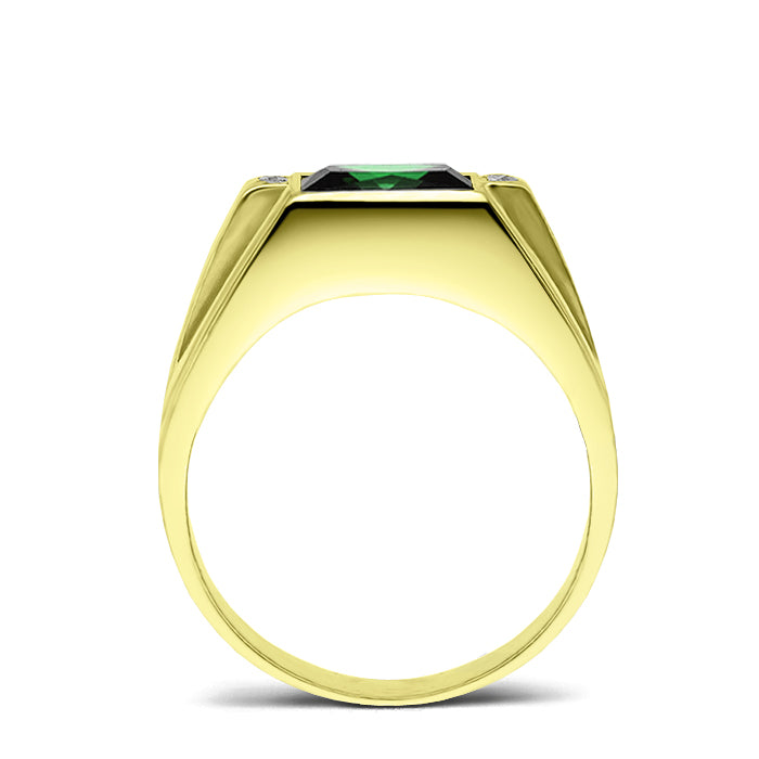 14K Real Yellow Fine Gold Green Emerald Ring For Men 4 Natural Diamond Accents