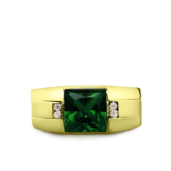 Mens Ring 18K Real Yellow Fine Gold Green Emerald with 4 Natural Diamond Accent