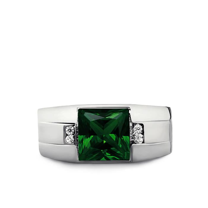 18K White Gold Emerald Men's Ring 0.08ct Natural Diamonds Ring for Man