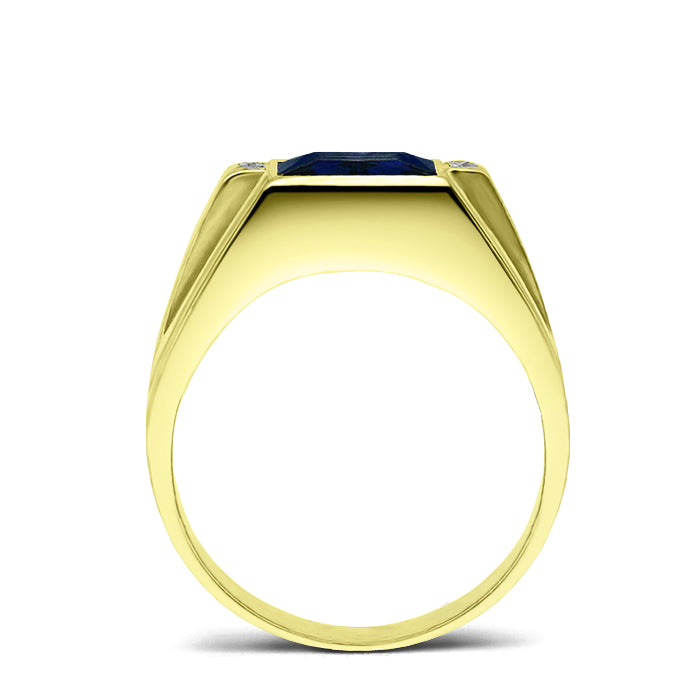 14K Real Yellow Fine Gold Blue Sapphire Ring For Men 4 Natural Diamond Accents