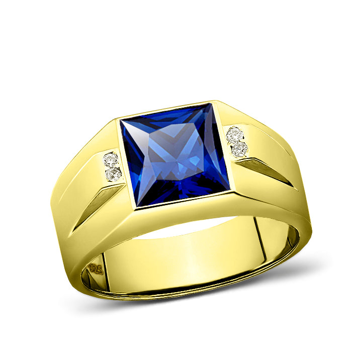 18K Gold Plated on 925 Solid Silver Mens Blue Sapphire 4 Diamond Accents Ring