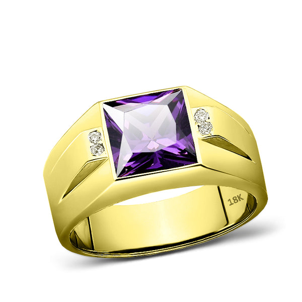 Men Ring 18K Real Yellow Fine Gold Purple Amethyst with 4 Natural Diamond Accent